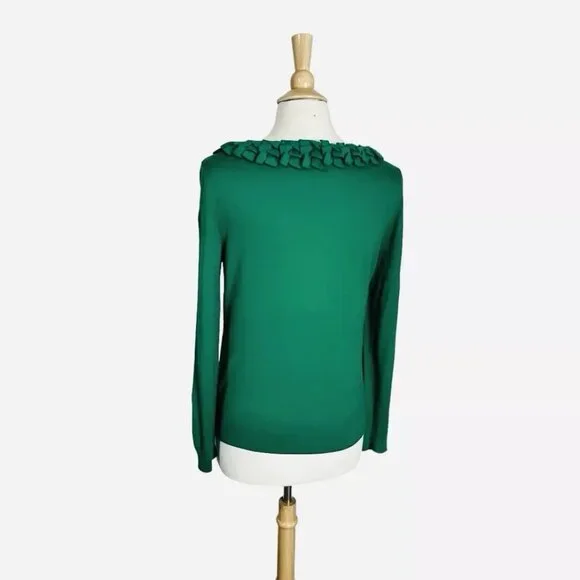Talbots Silk Blend Sweater Petites L Kelly Green Rolled Ruffle Thin Knit - Picture 3 of 7